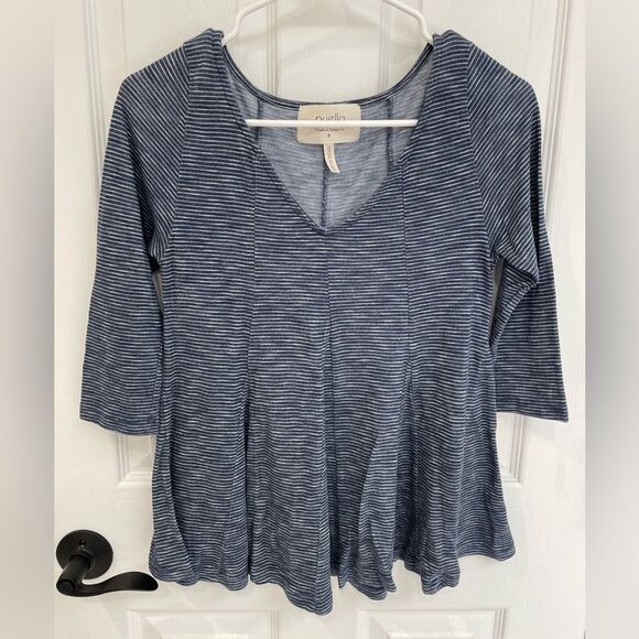 Puella Blue Striped V Neck 3/4 Sleeve Swing Trapeze Top Women’s Size S - Picture 1 of 5